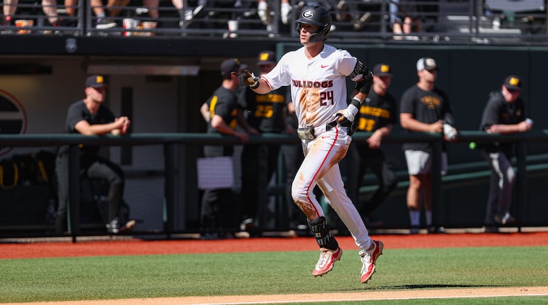 Georgia first baseman and outfielder Charlie Condon (24) head toward home plate against Missouri this past weekend in his now-familiar home run trot. The sophomore from Marietta hit four more home runs last week and leads college baseball with 24 on the season. (Kari Hodges/UGA Athletics)