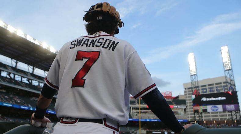 Atlanta Braves Dansby Swanson takes the field to play the Nationals Wednesday, April 19, 2017, at SunTrust Park in Atlanta.
