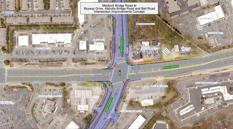 Johns Creek recently approved contract for the engineering phase for improvements on Medlock Bridge Road at its intersections with Skyway Drive, Abbotts Bridge Road, and Bell Road. (Courtesy City of Johns Creek)