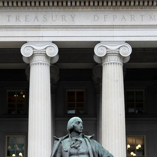 FILE - The Treasury Department building is seen, March 13, 2025, in Washington. (AP Photo/Alex Brandon, File)