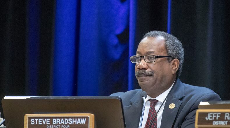 03/13/2018 -- Decatur, GA - DeKalb County commissioner Steve Bradshaw listens to citizens speak during a DeKalb County board of commissioners meeting in Decatur, Tuesday, March 13, 2018. ALYSSA POINTER/ALYSSA.POINTER@AJC.COM