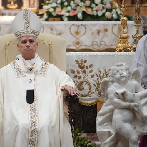 FILE - Pope Leo XIV celebrates a mass at the Basilica Sanctuary of the Mother of Good Counsel in Genazzano, central Italy, Monday, Sept. 7, 2026. (AP Photo/Andrew Medichini, File)