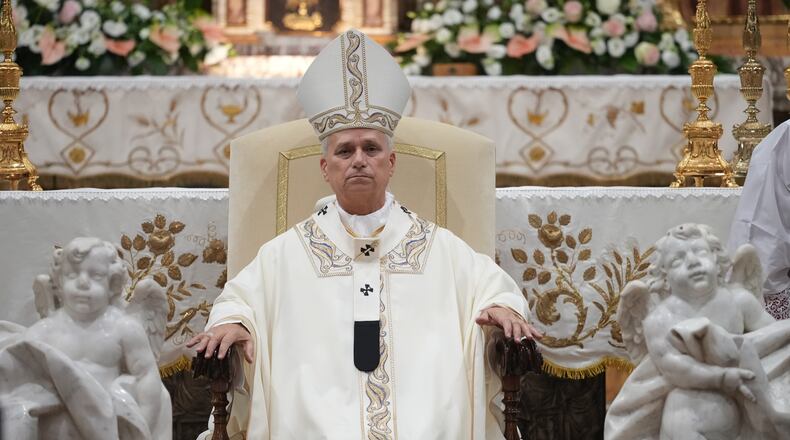 FILE - Pope Leo XIV celebrates a mass at the Basilica Sanctuary of the Mother of Good Counsel in Genazzano, central Italy, Monday, Sept. 7, 2026. (AP Photo/Andrew Medichini, File)