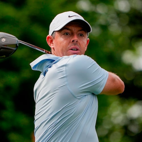 Rory McIlroy, of Northern Ireland, hits from the 16th tee during second round of the Truist Championship golf tournament at the Quail Hollow Club, Friday, May 8, 2026, in Charlotte, N.C. (AP Photo/Chris Carlson)