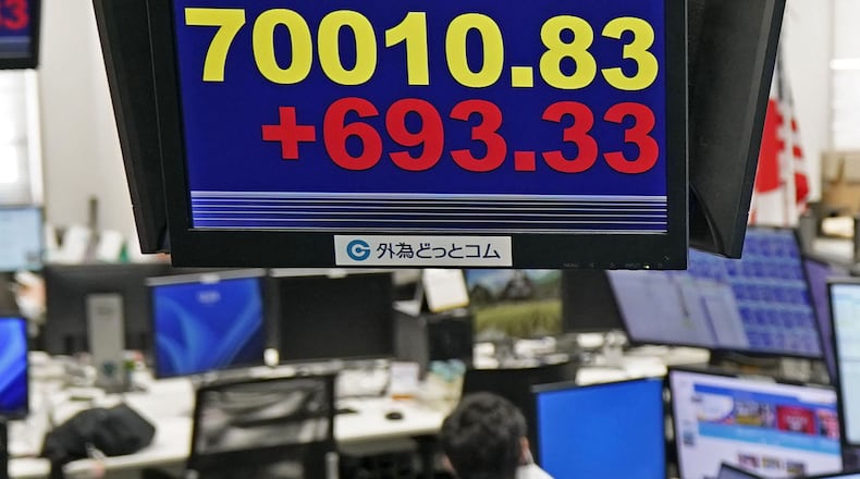 Employee of a foreign exchange dealing company work under an electronic board showing the stock index of Japan's Nikkei 225, in Tokyo Tuesday, Jun 16, 2026. (Kyodo News via AP)