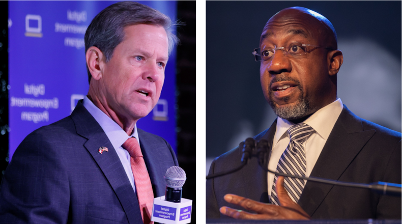 Voters who split their tickets on Nov. 8 to cast ballots for Republican Gov. Brian Kemp, left, and Democratic U.S. Sen. Raphael Warnock helped deny GOP Senate  hopeful Herschel Walker about 200,000 votes. AJC file photos.