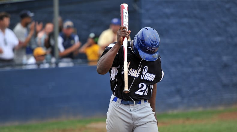May 18, 2013 McDonough - Mt. Paran Kyle Trammell (26) reacts after he struck out to end the game during game one of a double header at Eagle's Landing Christian Academy in McDonough on Saturday, May 18, 2013. Eagle's Landing won the game one of a double header 5-1 over Mt. Paran. HYOSUB SHIN / HSHIN@AJC.COM