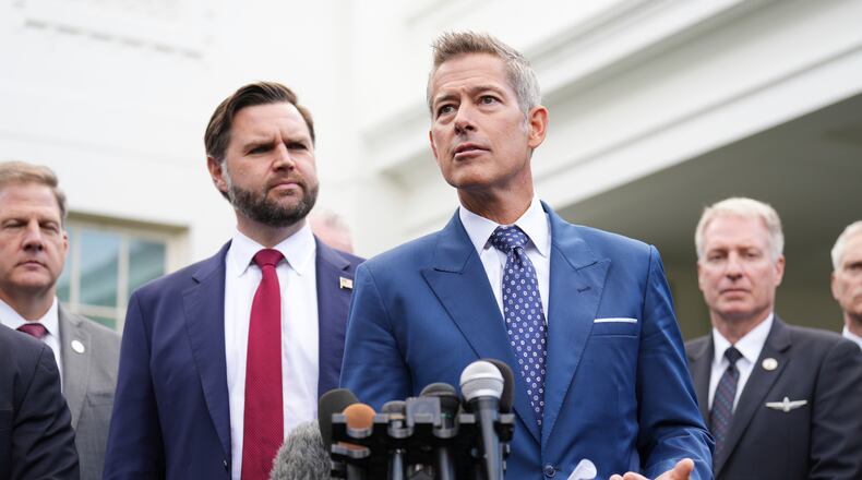 Transportation Secretary Sean Duffy, from right, speaks alongside Vice President JD Vance and Chris Sununu, president & CEO of Airlines for America, about the impact of the government shutdown on the aviation industry, outside of the West Wing of the White House, Thursday, Oct. 30, 2025, in Washington. (AP Photo/Jacquelyn Martin)