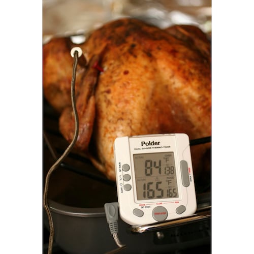FILE - A turkey is roasted with the help of a thermometer on Oct. 18, 2007. (AP Photo/Larry Crowe, File)