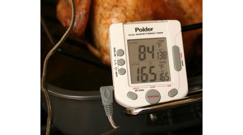 FILE - A turkey is roasted with the help of a thermometer on Oct. 18, 2007. (AP Photo/Larry Crowe, File)