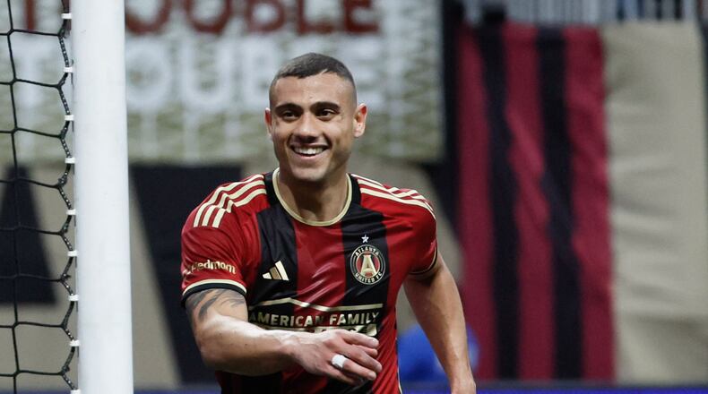 Atlanta United forward Giorgos Giakoumakis (7) reacts after scoring his team’s first goal during the first half against the Chicago Fire at Mercedes-Benz Stadium on Sunday, March 31, 2024.  Miguel Martinez / miguel.martinezjimenez@ajc.com