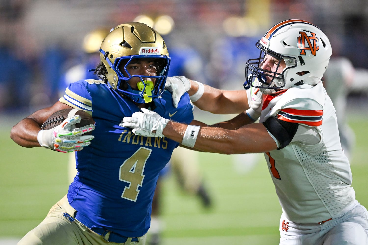 North Cobb free safety, Trey Shaw (7) is unable to stop McEachern running back Henry Pullen (4) from scoring on a run play during the first half Friday, August 22, 2025 at McEachern.  (Daniel Varnado/For the Atlanta Journal-Constitution)