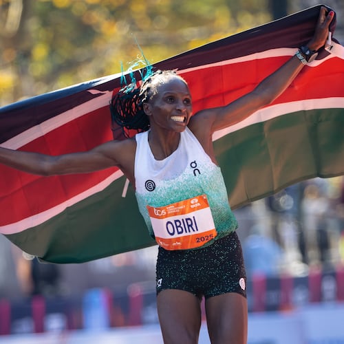 Hellen Obiri celebrates winning first place in the women's elite division of the New York City Marathon, Sunday, Nov. 2, 2025, in New York. (AP Photo/Angelina Katsanis)