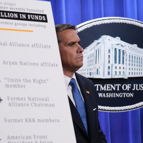Acting Attorney General Todd Blanche listens during a news conference at the Justice Department, Tuesday, April 21, 2026, in Washington. (AP Photo/Jacquelyn Martin)