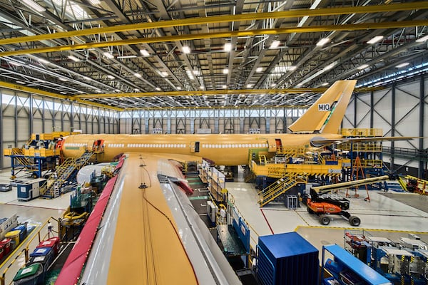 An Airbus A330 MRTT tanker and transport aircraft is being built at the Airbus manufacturing plant in Getafe, central Spain, on March 31, 2025. (AP Photo/Bernat Armangue)