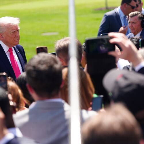 President Donald Trump speaks with reporters before departing on Marine One from the South Lawn of the White House, Thursday, April 16, 2026, in Washington. (AP Photo/Jen Golbeck)