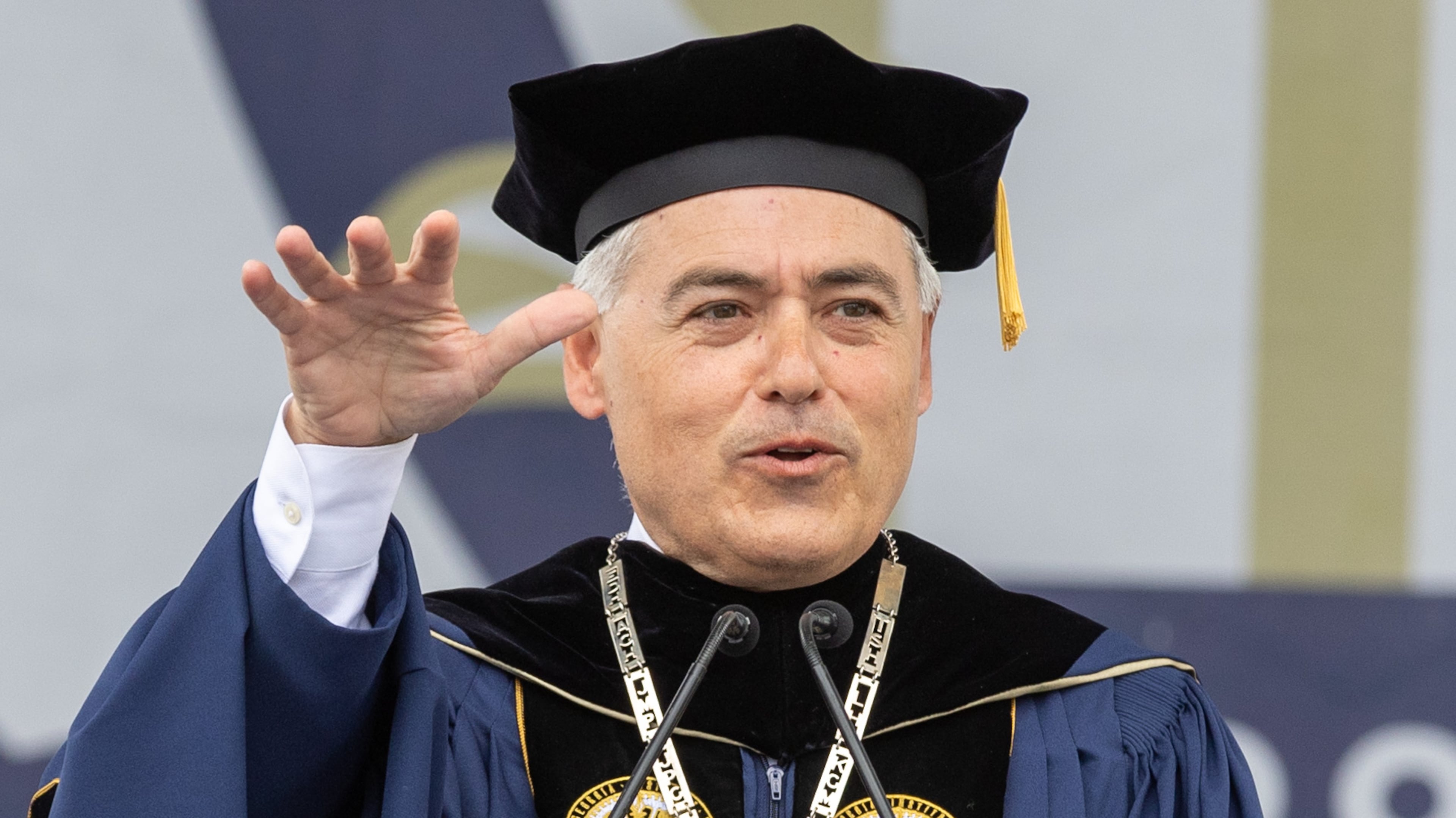 Georgia Institute of Technology president Ángel Cabrera talks to graduates at the May 2023 commencement ceremony. (Steve Schaefer/AJC)