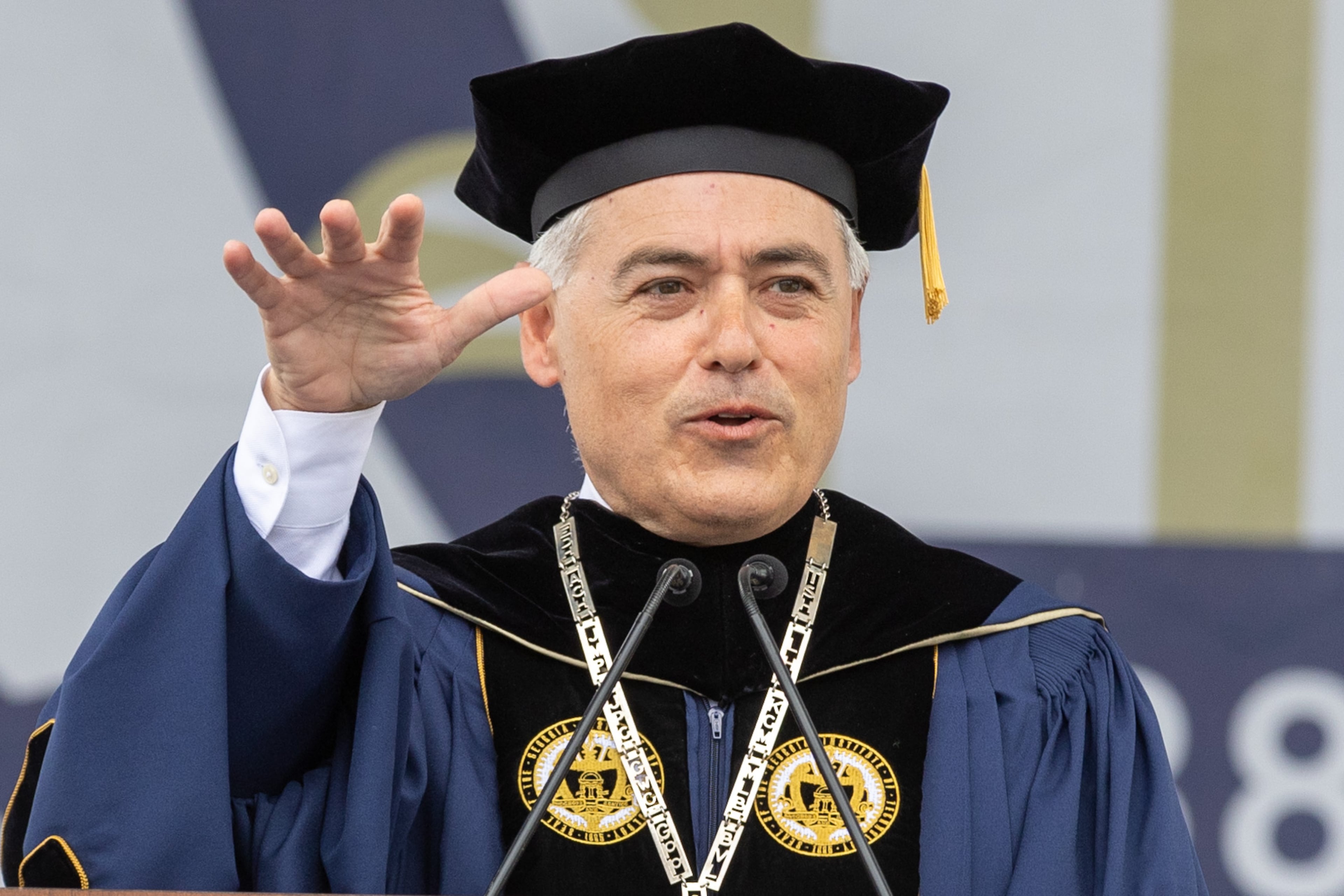 Georgia Institute of Technology president Ángel Cabrera talks to graduates at the May 2023 commencement ceremony. (Steve Schaefer/AJC)