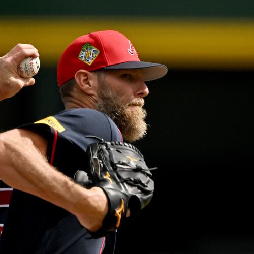 Atlanta Braves pitcher Chris Sale throws a live batting practice session during spring training workouts at CoolToday Park, Thursday, Feb. 12, 2026, in North Port, Fla. (Hyosub Shin/AJC)
