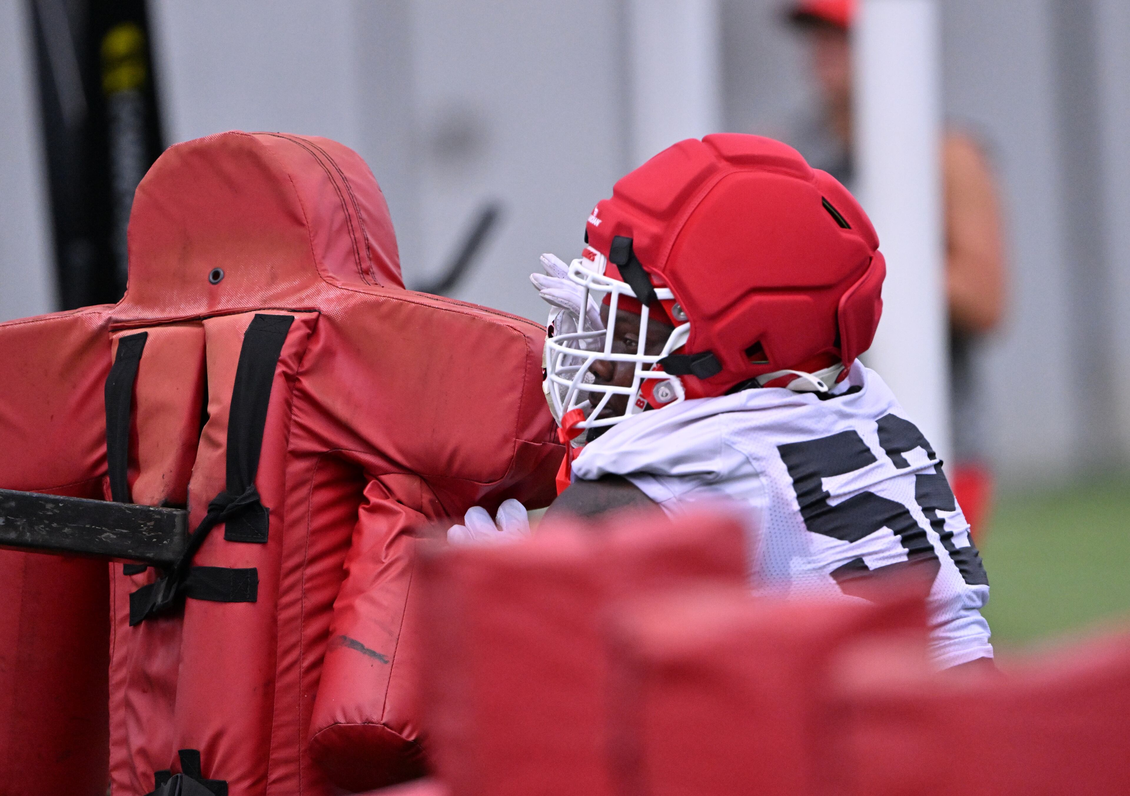 Georgia defensive lineman Christen Miller (52) runs a drill during a football practice at the University of Georgia practice facility, Thursday, July 31, 2025, in Athens. (Hyosub Shin / AJC)
