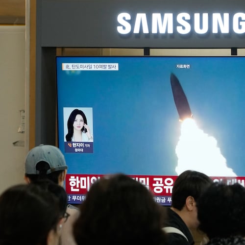 A TV screen shows a file image of North Korea's missile launch during a news program at Seoul Railway Station in Seoul, South Korea, Thursday, Aug. 20, 2026. (AP Photo/Ahn Young-joon)