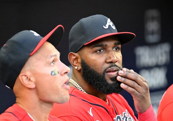 August 19 , 2022 Atlanta -Atlanta Braves' Marcell Ozuna (right) appears during Atlanta Braves home game against Houston Astros at Truist Park on Friday, August 19, 2022. Marcell Ozuna expressed disappointment and kept his comments short in the Braves clubhouse Friday afternoon, nearly 12 hours after his arrest for DUI.(Hyosub Shin / Hyosub.Shin@ajc.com)