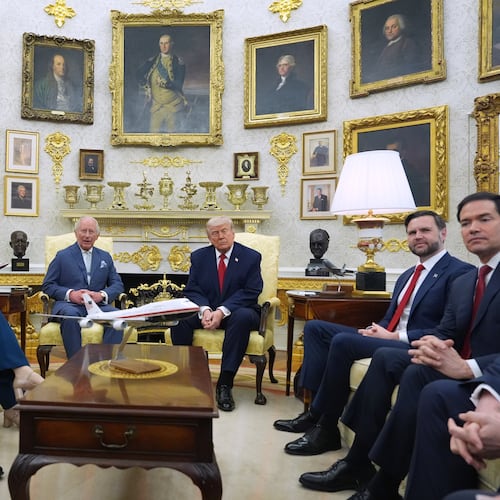 President Donald Trump and Britain's King Charles III meet in the Oval Office of the White House, Tuesday, April 28, 2026, in Washington, during a State Visit, with Britain's Ambassador to the U.S. Christian Turner, Britain's Foreign Secretary Yvette Cooper, Vice President JD Vance and Secretary of State Marco Rubio. (AP Photo/Alex Brandon)