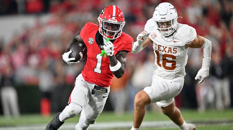 Georgia wide receiver Zachariah Branch runs the ball during the first half in an NCAA football game at Sanford Stadium, Saturday, November 15, 2025, in Athens. (Hyosub Shin/AJC)