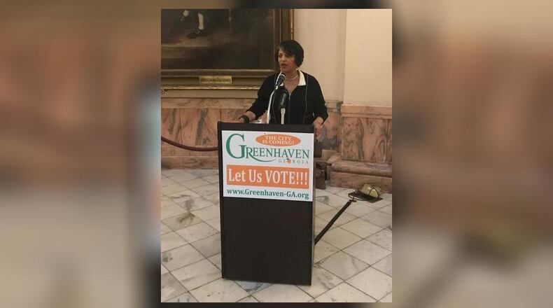 Kathryn Rice speaks in favor of creating the city of Greenhaven during a press conference at the State Capitol last month. TIA MITCHELL/TIA.MITCHELL@AJC.COM