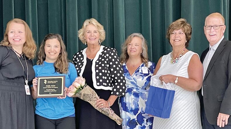 Celebrating the presentation of the first-ever Cherokee County School District School Nurse of the Year award are, from left to right, CCSD Chief Operations Officer Dr. Debra Murdock; CCSD School Nurse of the Year Nadia Jones of Oak Grove Elementary School STEAM Academy; Oak Grove ES STEAM Academy Principal Penny Valle; Cherokee County School Board Chair Kyla Cromer; Janet Read Welch, Children’s Healthcare of Atlanta community development officer; and Superintendent of Schools Dr. Brian V. Hightower.