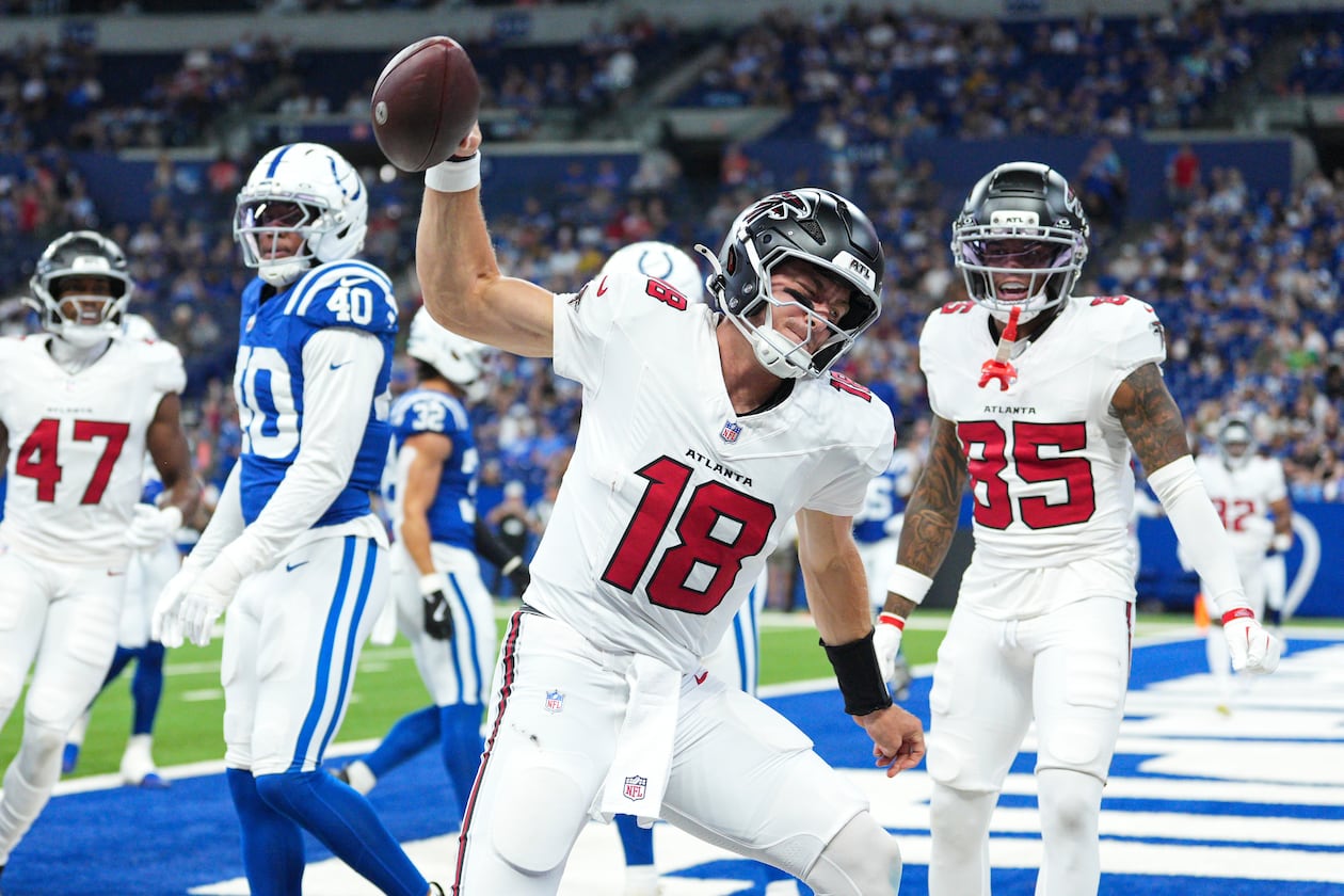 Undrafted rookie Jack Strand (18) is one of four quarterbacks who made the Falcons' initial 53-man roster. (AP Photo/AJ Mast)