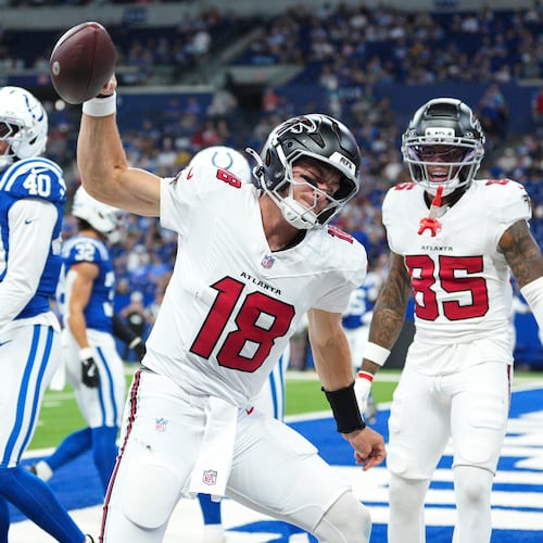 Atlanta Falcons quarterback Jack Strand (18) celebrates a touchdown against the Indianapolis Colts during the second half of an NFL football game in Indianapolis, Saturday, Aug. 22, 2026. (AP Photo/AJ Mast)