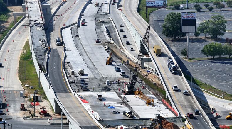 An aerial view of construction along I-16 near the Macon Coliseum, just east of the freeway's long-under-construction interchange at I-75. (Hyosub Shin/AJC)