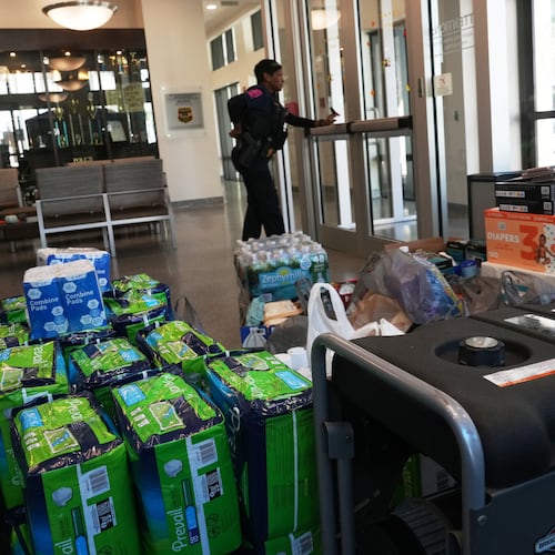 Donated emergency supplies for Jamaica sit in the lobby at the Miramar Police Department Thursday, Oct. 30, 2025, in Miramar, Fla. (AP Photo/Marta Lavandier)
