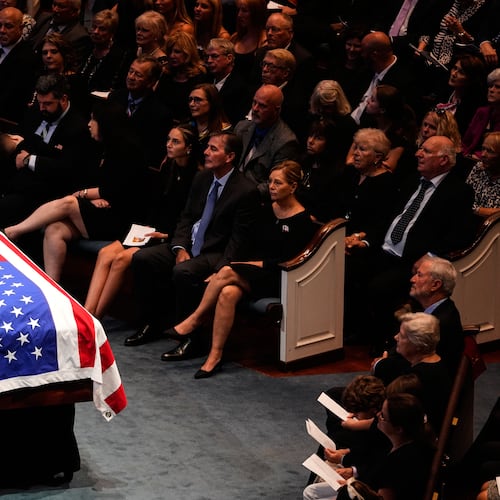 The casket of the late Sen. Lindsey Graham, R-S.C., sits at the front of First Baptist Church in Columbia, S.C., during a funeral service, Wednesday, July 29, 2026. (AP Photo/Gerald Herbert)