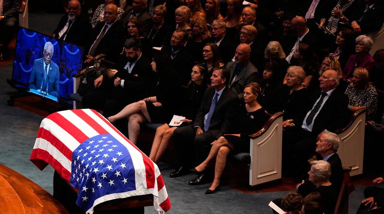 The casket of the late Sen. Lindsey Graham, R-S.C., sits at the front of First Baptist Church in Columbia, S.C., during a funeral service, Wednesday, July 29, 2026. (AP Photo/Gerald Herbert)