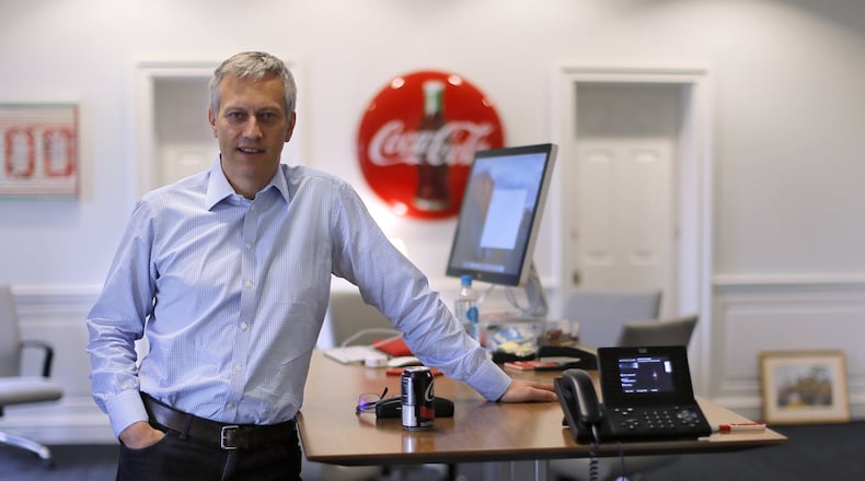 James Quincey in his office at Coca-Cola’s Atlanta headquarters. He became Coke’s chief executive officer on May 1, succeeding Muhtar Kent. BOB ANDRES /BANDRES@AJC.COM