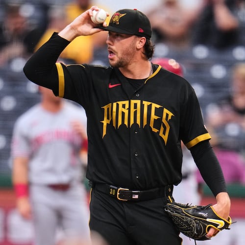 Pittsburgh Pirates pitcher Paul Skenes collects himself on the mound during the second inning of a baseball game against the Cincinnati Reds in Pittsburgh, Friday, June 26, 2026. (AP Photo/Gene J. Puskar)