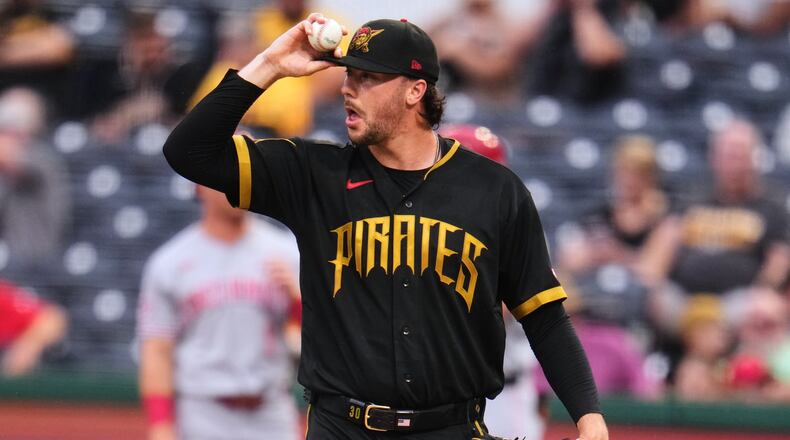 Pittsburgh Pirates pitcher Paul Skenes collects himself on the mound during the second inning of a baseball game against the Cincinnati Reds in Pittsburgh, Friday, June 26, 2026. (AP Photo/Gene J. Puskar)