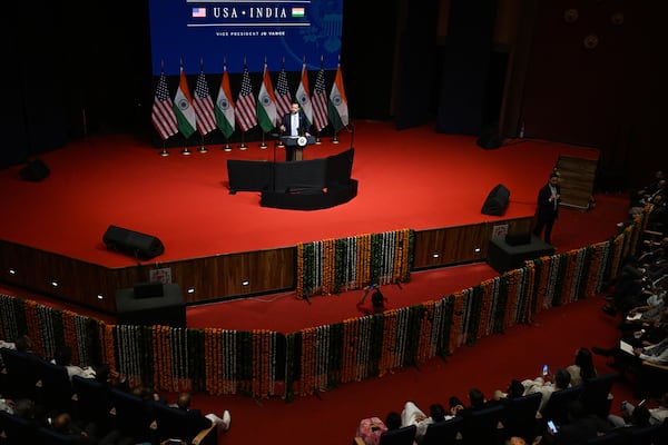 U.S. Vice President JD Vance delivers remarks at the Rajasthan International Centre in Jaipur, India, Tuesday, April 22, 2025. (Kenny Holston/The New York Times via AP, Pool)