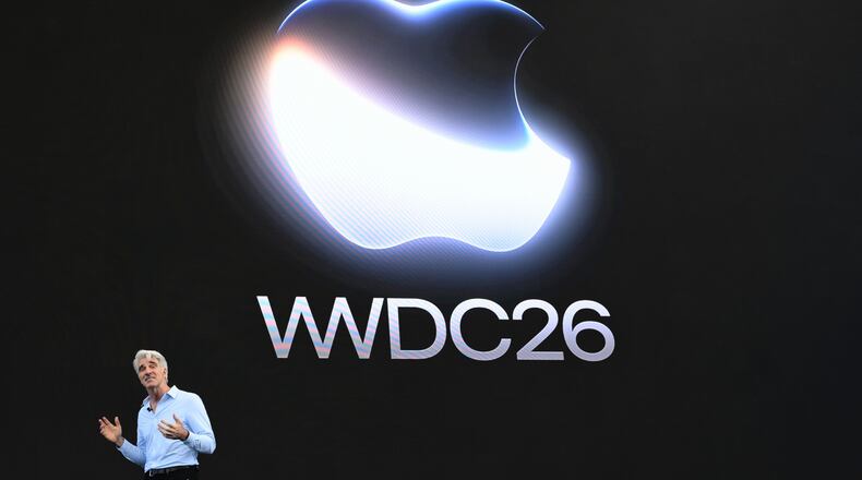 Craig Federighi, Apple's senior vice president of software engineering, speaks during the annual World Wide Developers Conference at Apple's headquarters in Cupertino, Calif., Monday, June 8, 2026. (AP Photo/Noah Berger)