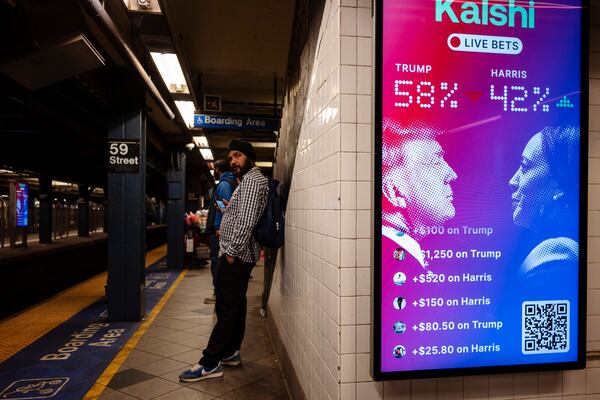 An advertisement for the online prediction markets platform Kalshi was displayed at a subway station in Manhattan on the day of the presidential election in 2024. (Karsten Moran/The New York Times)