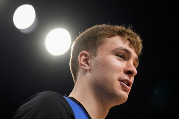 Duke forward Cooper Flagg watches during practice at the Final Four of the NCAA college basketball tournament, Friday, April 4, 2025, in San Antonio. (AP Photo/Brynn Anderson)