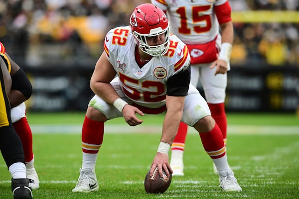 FILE - Kansas City Chiefs center Creed Humphrey waits to snap the ball during the second half of an NFL football game against the Pittsburgh Steelers in Pittsburgh, Wednesday, Dec. 25, 2024. The Chiefs won 29-10. (AP Photo/David Dermer, File)