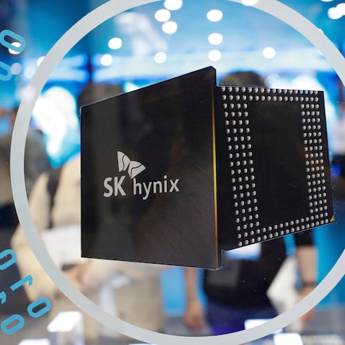 FILE - A logo of SK Hynix is seen at Korea Electronics Show in Seoul, South Korea, on Oct. 8, 2019. The big South Korean chipmaker will begin trading on the Nasdaq Friday, July 10, 2026. (AP Photo/Lee Jin-man, File)
