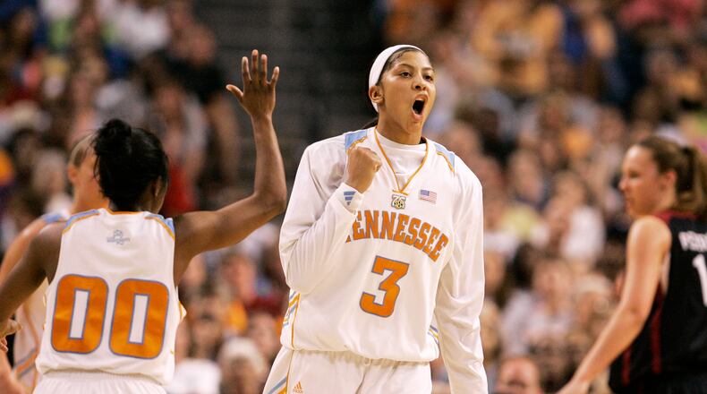 FILE - Candace Parkert (3) celebrates after a shot during the national championship basketball game against Stanford at the NCAA Women's Final Four, April 8, 2008, in Tampa, Fla. (AP Photo/Amy Sancetta, File)