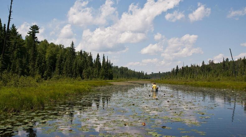 FILE - In this undated photo canoeists navigate the Pocket River in the Boundary Waters Canoe Area Wilderness near Ely, Minn. (Nathaniel Minor/Minnesota Public Radio via AP, File)