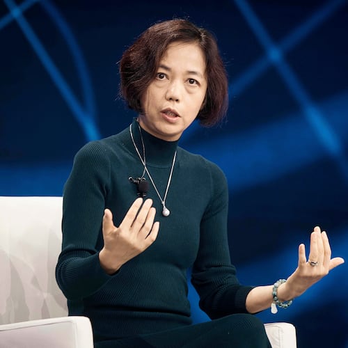 FILE - Computer scientist Fei-Fei Li speaks during the Clinton Global Initiative, Sept. 24, 2024, in New York. (AP Photo/Andres Kudacki, File)