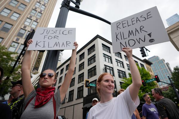 Natalie Schilling, Sydney Blocker gather outside the Federal Courthouse before arguments whether Kilmar Abrego Garcia can be released from jail on Friday, June 13, 2025 in Nashville, Tenn. (AP Photo/George Walker IV)