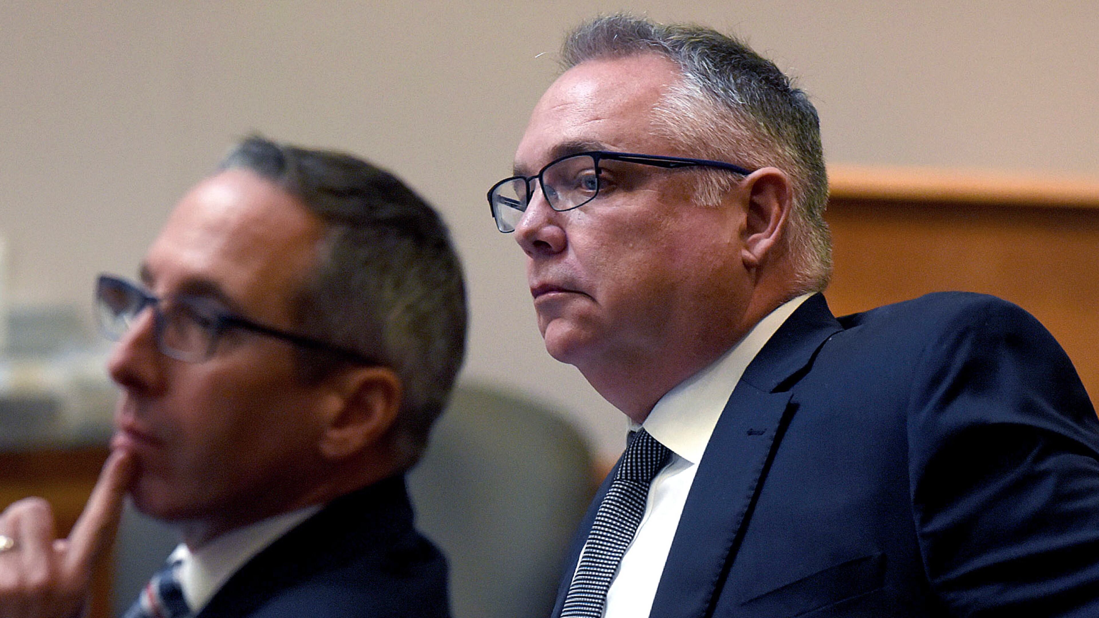 FILE - Stephen Murphy, right, and his attorney Charles Keefe watch as the judge gives the jury instructions following closing remarks during his trial at Hillsborough County Superior Court, Jan. 21, 2025 in Manchester, N.H. (David Lane/The Manchester Union Leader via AP, Pool, File)